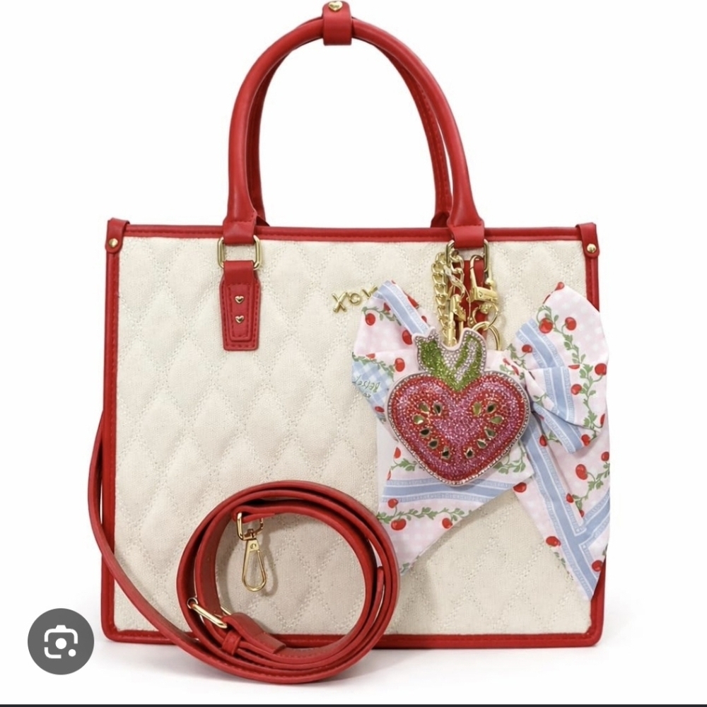 Betsey Johnson Cream Quilted Satchel with Pink Trim & Heart Charm